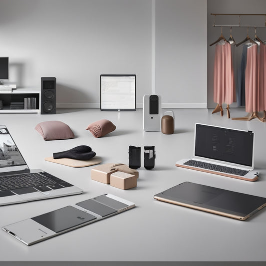 A minimalist illustration of a dance studio with laptops, tablets, and smartphones displaying various productivity tools, surrounded by organized dance equipment and a tidy floor.