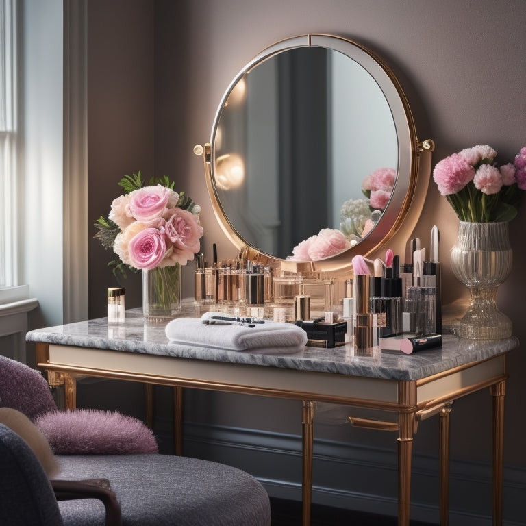 A clutter-free, well-lit vanity with an organized array of high-end makeup brushes, palettes, and products, including a sleek mirror, a makeup chair, and a few strategically placed flowers.