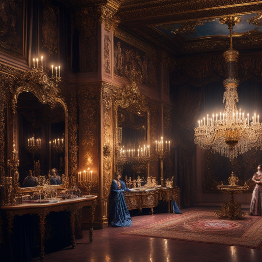 A dimly lit, ornate theater interior with velvet curtains, gilded mirrors, and a grand chandelier, surrounded by scattered paintbrushes, half-finished canvases, and whimsical costume pieces.