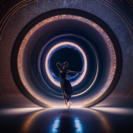 A stylized illustration of a film reel merged with a dancer's silhouette, surrounded by swirling shapes of light and color, blurring the lines between movement and cinematic storytelling.