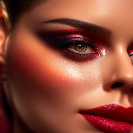 A close-up shot of a dancer's face, illuminated by soft, golden lighting, with bold, shimmering eyeshadow, precise eyeliner, and bold, crimson lips, against a dark, blurred background.