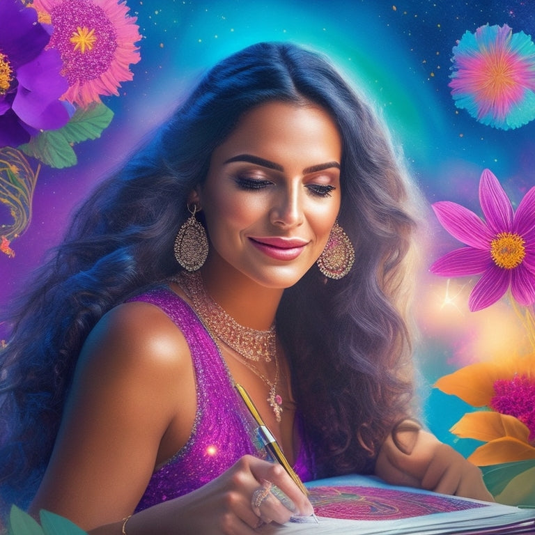 A vibrant, whimsical illustration featuring a beautiful, confident woman surrounded by swirling brush strokes, flowers, and subtle mandalas, with a planner and pen in hand, surrounded by stars and sparks.