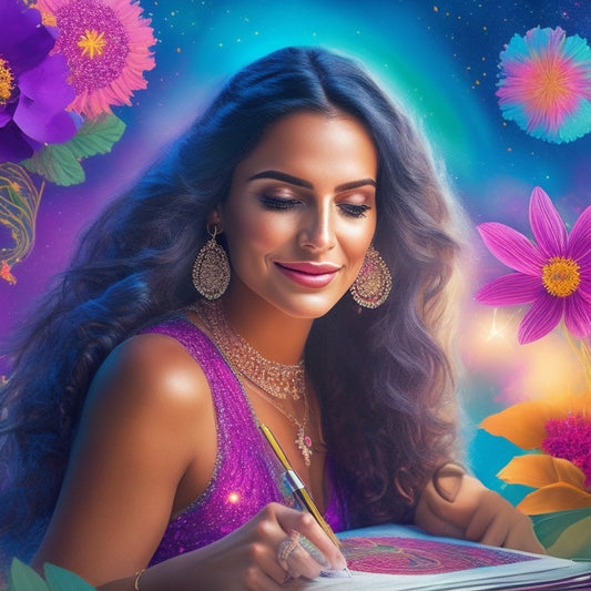 A vibrant, whimsical illustration featuring a beautiful, confident woman surrounded by swirling brush strokes, flowers, and subtle mandalas, with a planner and pen in hand, surrounded by stars and sparks.