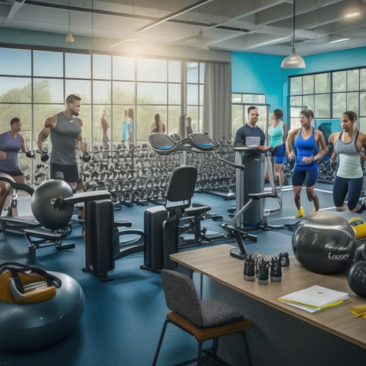 A bustling fitness studio with rows of exercise equipment, a reception desk in the foreground with a frazzled staff member surrounded by scattered papers, phones, and laptops, amidst a backdrop of clocks and calendars.