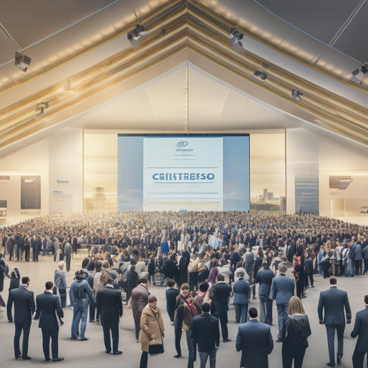 A stylized illustration of a conference hall with a large, shimmering sponsorship banner hanging from the ceiling, surrounded by diverse attendees networking and exchanging business cards.