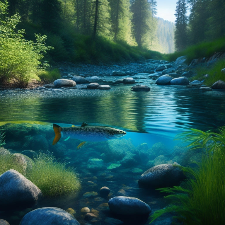 An illustration of a serene stream with a trout swimming in clear water surrounded by lush greenery, with a subtle gradient of blue and green hues, conveying a sense of tranquility and ecological balance.