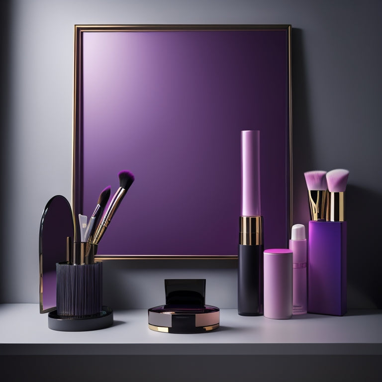 A stylized, minimalist makeup station with a sleek, black vanity, adorned with a few, strategically placed, high-end makeup products and brushes, surrounded by a subtle, gradient background in shades of pink and purple.