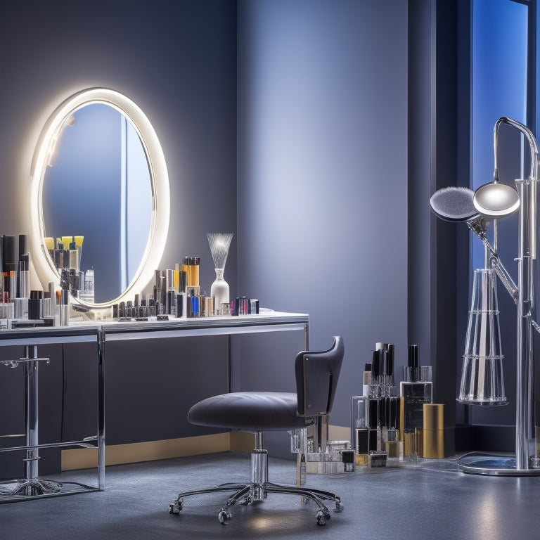 A glamorous, modern makeup studio with a sleek, silver makeup chair, surrounded by organized rows of colorful makeup products, illuminated by soft, natural light and a few strategically placed spotlights.