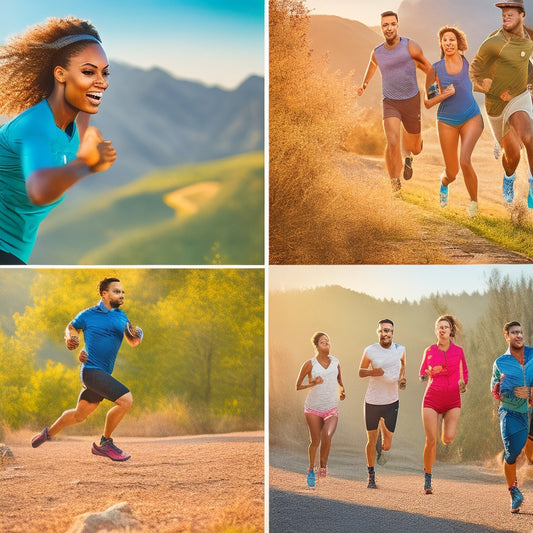 A dynamic scene featuring a diverse group of people engaging in various activities like running, cycling, and hiking, all wearing stylish sneakers with visible cushioning technology, set against a vibrant outdoor backdrop.