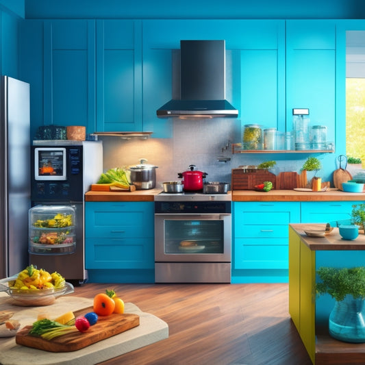 A stylized illustration of a chef's kitchen with various tech gadgets and devices integrated into the cooking space, such as a smart refrigerator, tablet-mounted recipe display, and a robotic kitchen assistant.