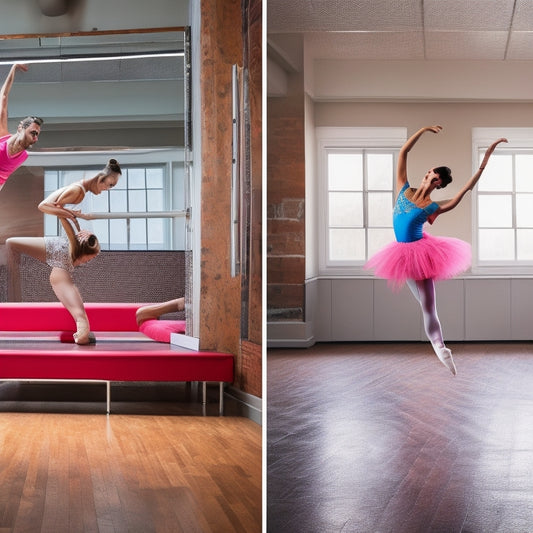 A split-screen image: on the left, a person wearing Converse shoes in a dance studio, surrounded by ballet bars and mirrors, with a puzzled expression; on the right, a dancer in traditional dance shoes, leaping in the air.