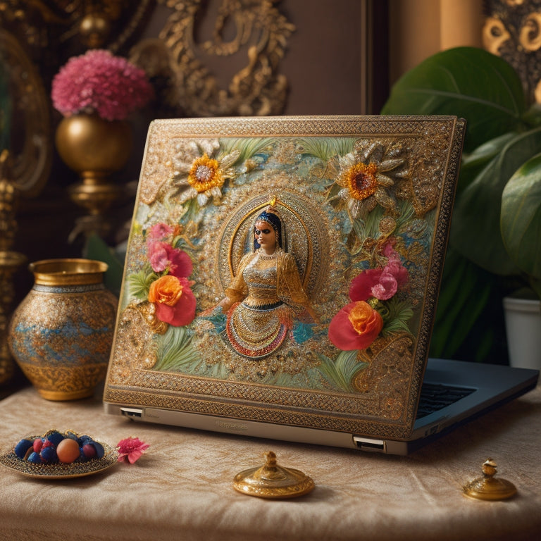 A whimsical illustration of a laptop surrounded by Middle Eastern-inspired patterns and flowers, with a belly dancer's flowing skirt and veil subtly incorporated into the design.
