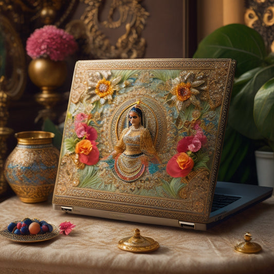 A whimsical illustration of a laptop surrounded by Middle Eastern-inspired patterns and flowers, with a belly dancer's flowing skirt and veil subtly incorporated into the design.