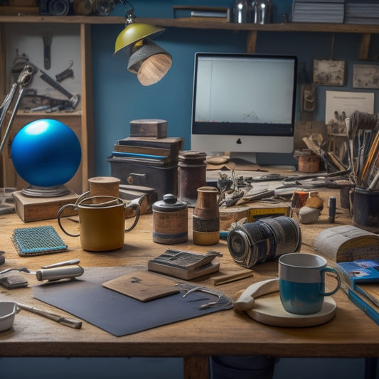 A cluttered workshop desk with various crafting tools and materials, surrounded by half-finished prop projects, with a laptop in the background displaying a certification course website.