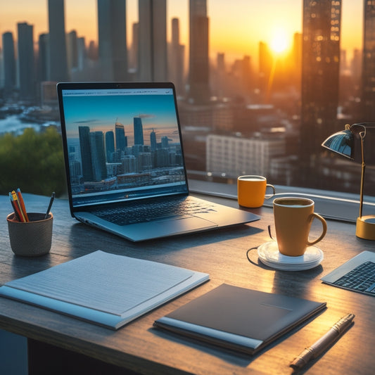A minimalist desk with a laptop, a notebook, and a cup of coffee, surrounded by three colorful folders with tabs labeled 1, 2, and 3, with a subtle background of a cityscape at sunrise.