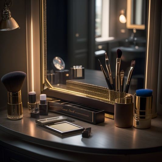 A tidy, well-lit vanity with a wooden or glass top, featuring an open makeup case filled with neatly arranged dance makeup and brushes, with a few organized files and folders in the background.