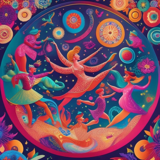 A vibrant, whimsical illustration featuring a medley of dancing figures in various poses, surrounded by swirling patterns, stars, and abstract shapes in a kaleidoscope of bright, poppy colors.