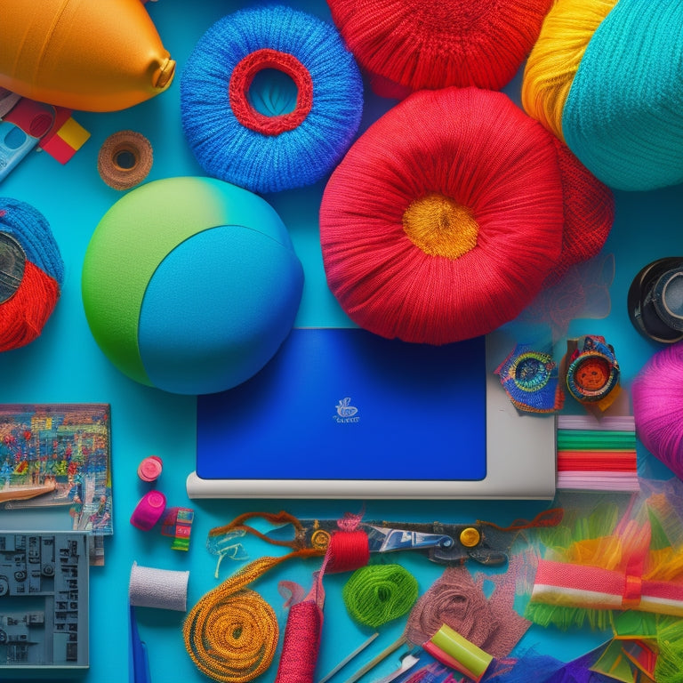 A colorful and vibrant illustration of a Chromebook surrounded by craft supplies, including scissors, glue, fabric, and sewing needles, with a costume in the making in the background.
