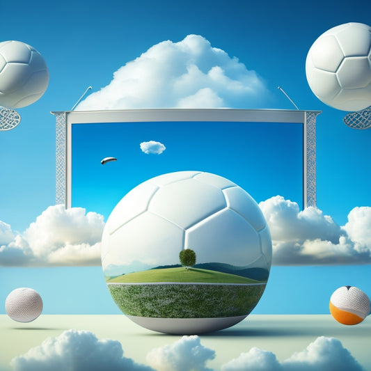 A whimsical illustration of a cloudy sky with pin-shaped clouds, each containing a miniature video screen displaying a different sport, such as soccer, basketball, and tennis.