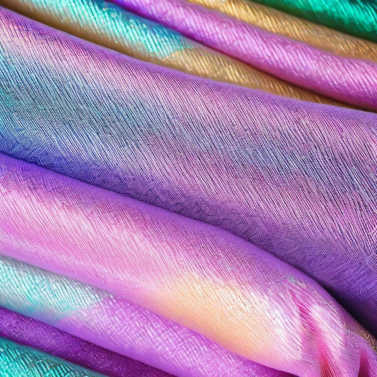 A close-up of shimmering Lurex fabric, showcasing its metallic threads interwoven with soft fibers, reflecting light in a rainbow of colors. Delicate folds cascade elegantly, highlighting its unique texture and luxurious sheen.