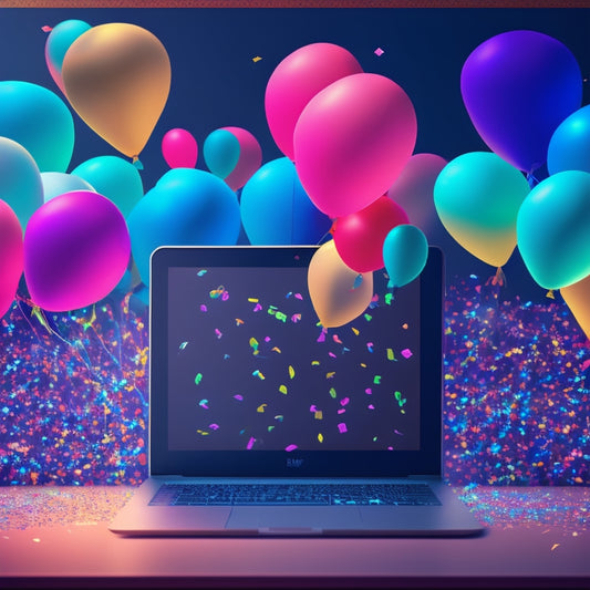 A vibrant, stylized illustration of a laptop surrounded by dancing silhouettes, with confetti and balloons floating upwards, surrounded by a subtle dance floor pattern in the background.