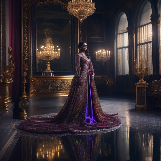 A dramatic, dimly lit runway surrounded by ornate, gilded mirrors, with a solitary, statuesque model posing in a flowing, iridescent gown, spotlit amidst a whirlwind of colorful, swirling fabrics.