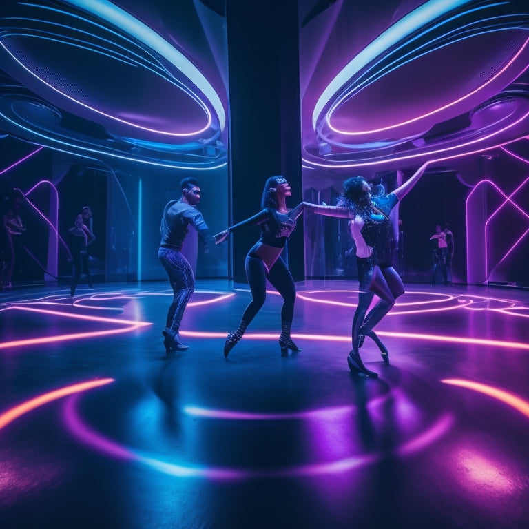 A futuristic dance studio with a lone dancer wearing VR headset and gloves, surrounded by swirling lights and mirrors, with virtual dance partners and instructors projected around them.