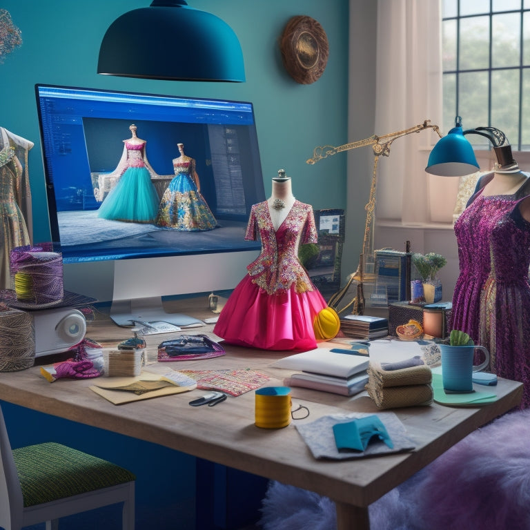 A whimsical illustration of a fashion designer's workspace, with a 3D mannequin in the center, surrounded by scattered fabrics, threads, and a computer with a digital costume design on the screen.