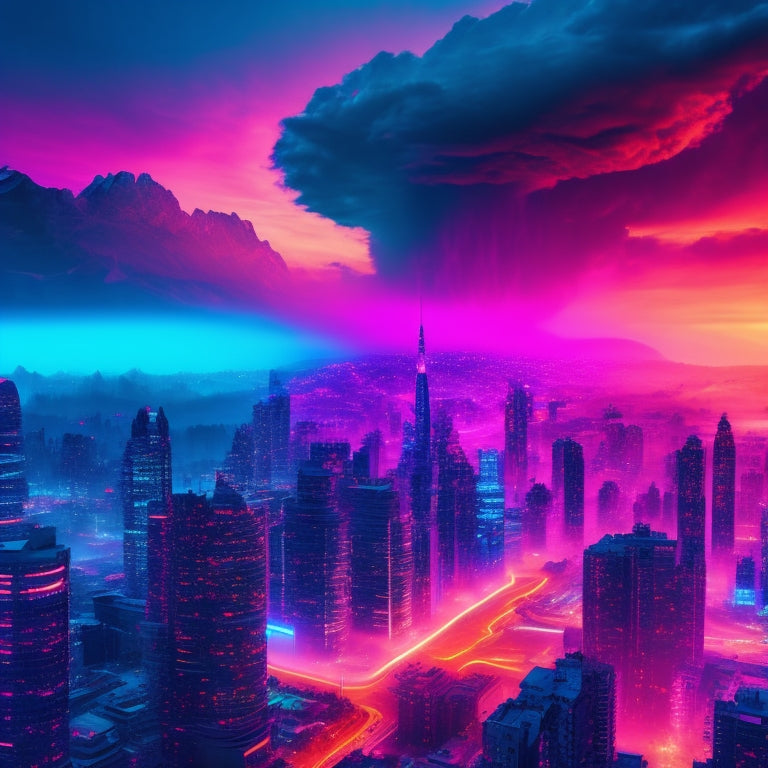 A vibrant illustration of a futuristic cityscape at dusk, with neon lights reflecting off sleek skyscrapers, amidst swirling clouds of code and pixels.