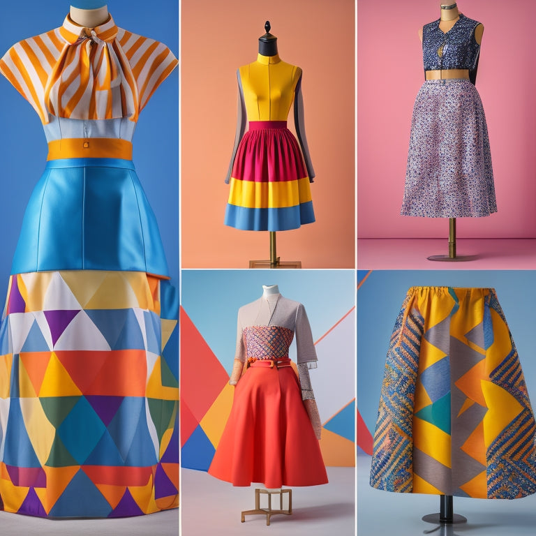 A vibrant collage of various geometric print skirts displayed on elegant mannequins, showcasing bold patterns like stripes, triangles, and circles in vivid colors, set against a soft, neutral background to enhance their visual appeal.