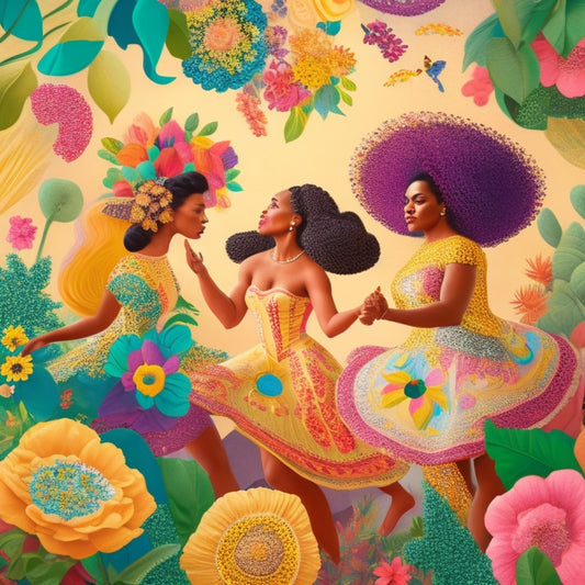 A whimsical illustration of 5-7 dancing women, varying in skin tones and hairstyles, surrounded by swirling patterns of flowers, leaves, and abstract shapes in vibrant colors.