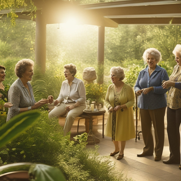 A warm, sunlit studio filled with seniors, ages 65+, gathered in a circle, gently swaying to music, with walkers and canes nearby, surrounded by calming plants and soft golden lighting.
