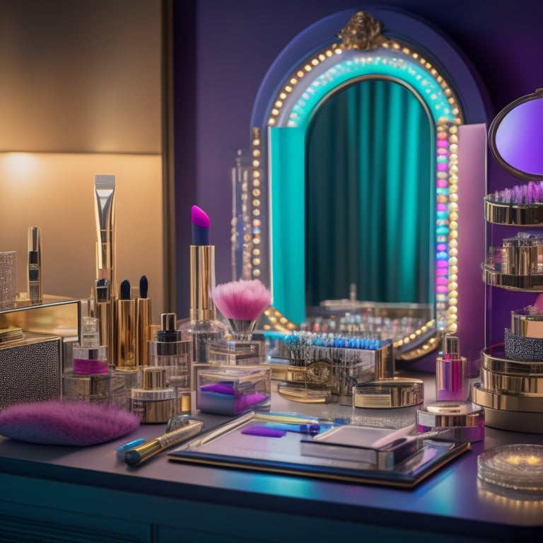 A glamorous, spot-lit makeup station with a mirrored vanity, surrounded by an assortment of colorful makeup products, brushes, and a few dance-inspired accessories like a tiara or ballet shoes.