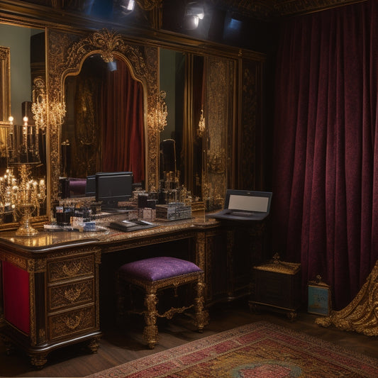 A dimly lit, ornate theater dressing room with a vanity mirror, surrounded by colorful makeup palettes, brushes, and wigs, with a laptop open to an online course website in the center.