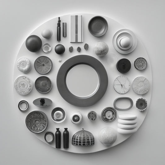 A minimalist composition featuring 9-12 circular icons in black and white, varying in design, pattern, and shape, arranged in a scattered, overlapping formation on a pure white background.