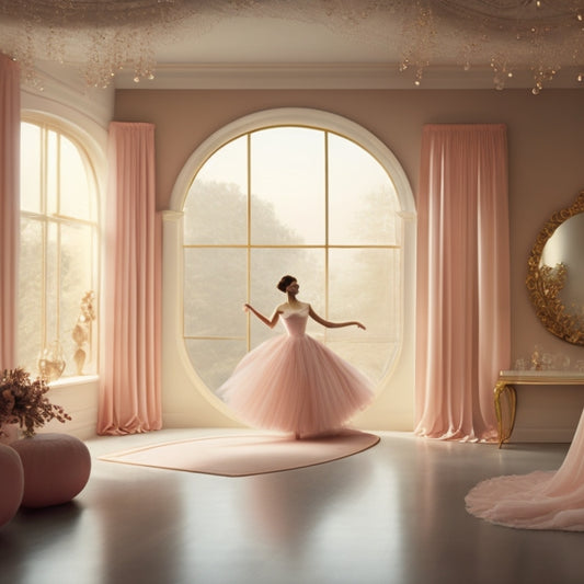 A whimsical illustration of a minimalist room transformed by a large, swirling dance-inspired print in shades of blush, gold, and cream, with delicate ballerina silhouettes and flowing ribbons.