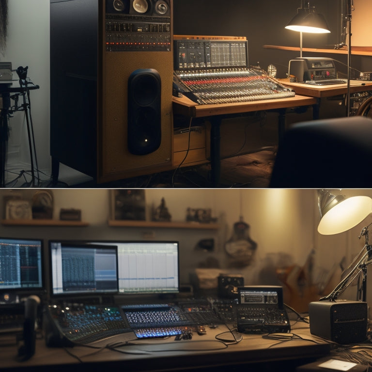 A split-screen image with a cluttered, dimly lit recording studio on one side, and a tidy, well-lit studio with organized cables and a sleek mixing board on the other.