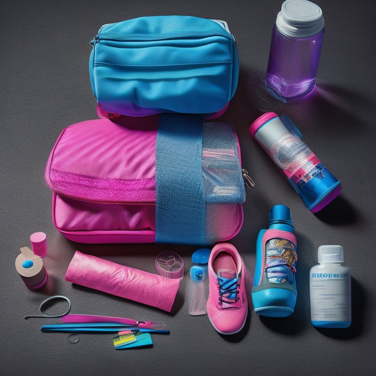 A cluttered dance bag spills out essential items: a water bottle, athletic tape, band-aids, a hairbrush, bobby pins, a small first-aid kit, and a pair of worn-out dance shoes in the center.