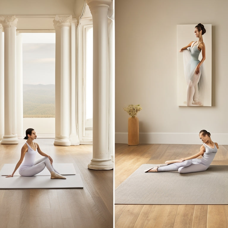 A serene, minimalist background with a few scattered dance-inspired props like a ballet barre, dance shoes, or a yoga mat. A young adult, relaxed and smiling, sits on the floor, stretching their legs to the side, with one foot bent behind them.