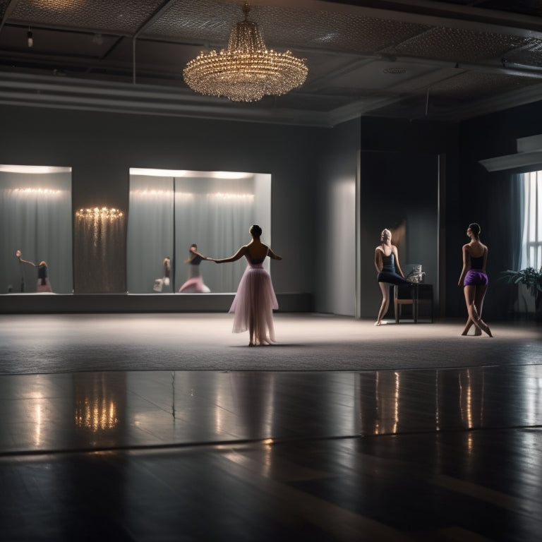 A serene, dimly lit dance studio with a lone dancer in the center, surrounded by mirrors, with a subtle sparkle on the floor, and a few yoga blocks and straps scattered around.