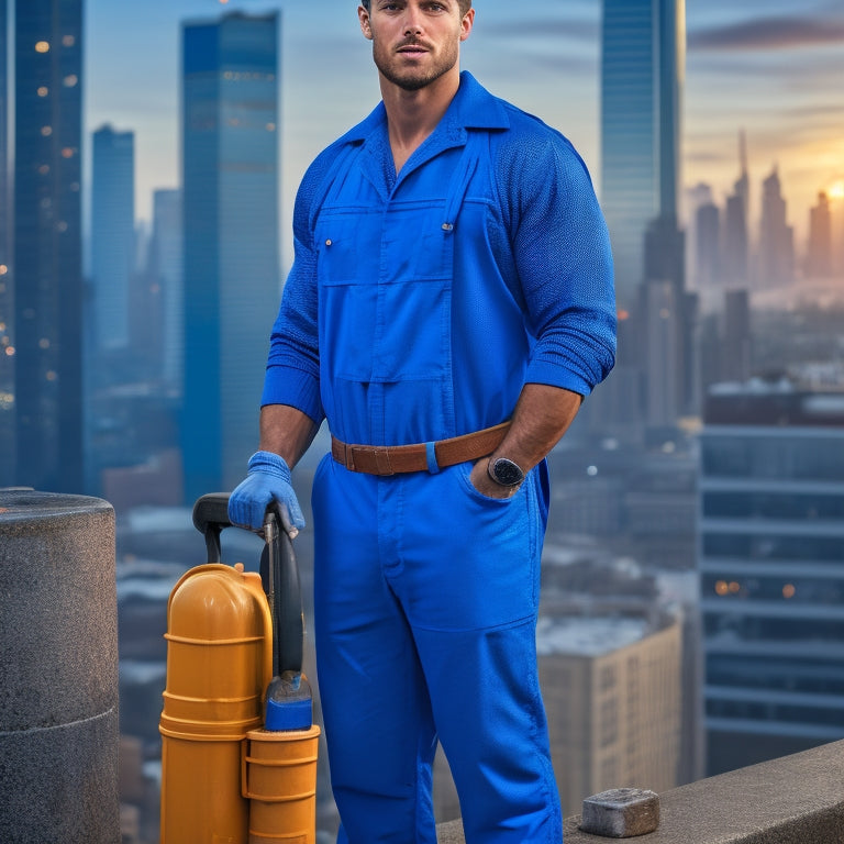 A rugged, confident figure in a blue jumpsuit stands in front of a cityscape, holding a toolbox and wrench, with a subtle smirk and a hint of grease on their hands and clothes.