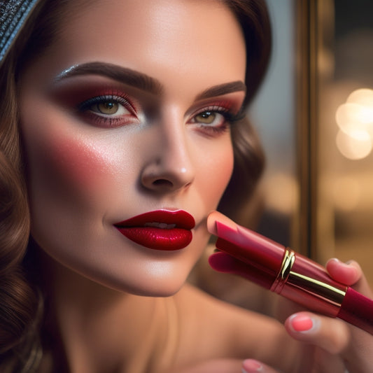 A close-up of a woman applying vibrant crimson lipstick, her eyes accentuated with subtle makeup, surrounded by elegant makeup brushes and bold lip colors in a chic vanity setting, soft natural light illuminating the scene.
