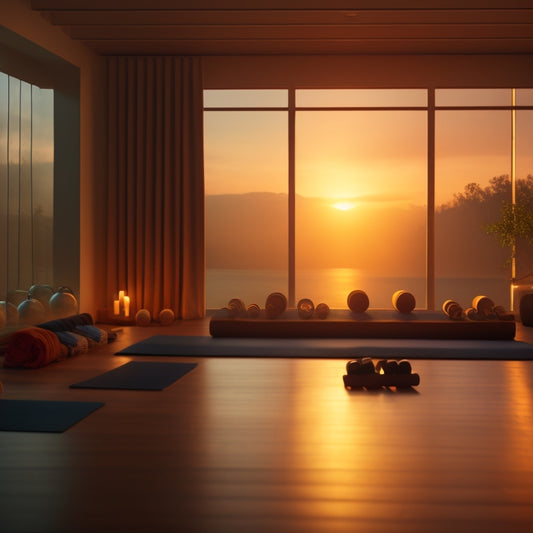 A serene, dimly lit yoga studio with a lone figure in a warrior pose, surrounded by scattered exercise mats, dumbbells, and medicine balls, with a subtle sunset glow.