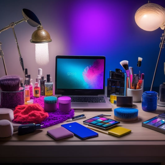 A cluttered but organized makeup station with various brushes, sponges, and palettes surrounding a mirror, with a laptop and smartphone nearby, amidst a colorful backdrop of dance-inspired props.