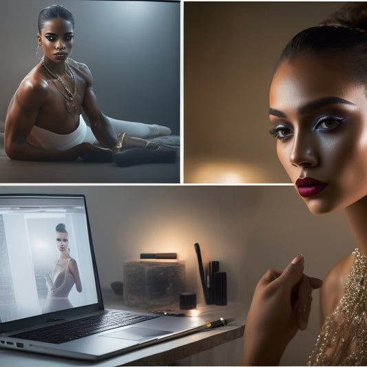 A split-screen image featuring a dancer in a dimly lit studio with a faint mirror reflection, juxtaposed with a laptop displaying a makeup tutorial, surrounded by brushes and cosmetics.