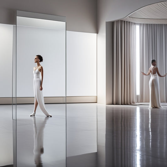 A serene, minimalist background with a slender, elongated mirror reflecting a dancer in a relaxed, upright stance, surrounded by scattered dance shoes and a few gentle, curved lines suggesting movement.