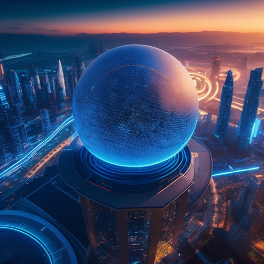 A stylized, futuristic cityscape at dusk with sleek skyscrapers, neon lights, and curved lines, featuring a prominent, glowing blue orb surrounded by orbiting gears and coding symbols.
