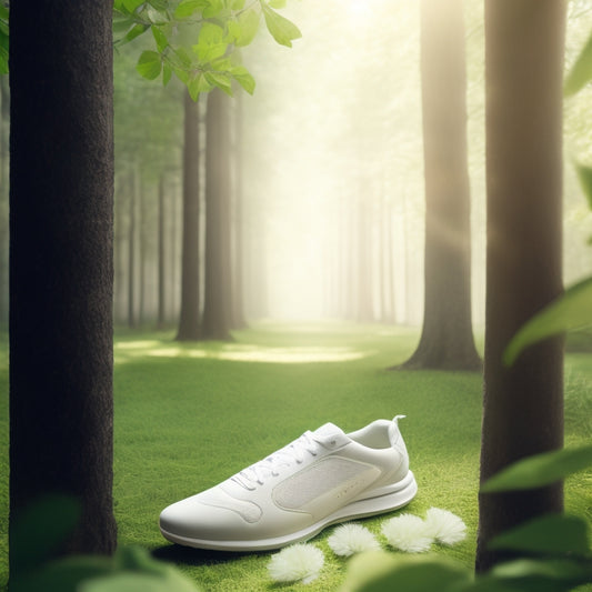 A serene, minimalist illustration featuring a delicate, bare foot with a subtle, glowing aura around the heel, surrounded by scattered, gentle, green leaves and a few, carefully placed, white athletic shoes.