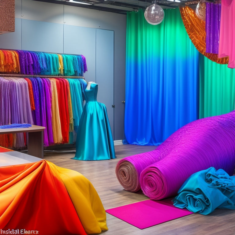 A vibrant dance studio filled with various fabric swatches in rich colors and textures. Lush satin, soft sequins, and breathable mesh draped over dance costumes, with a seamstress measuring and pinning fabric samples on a table.