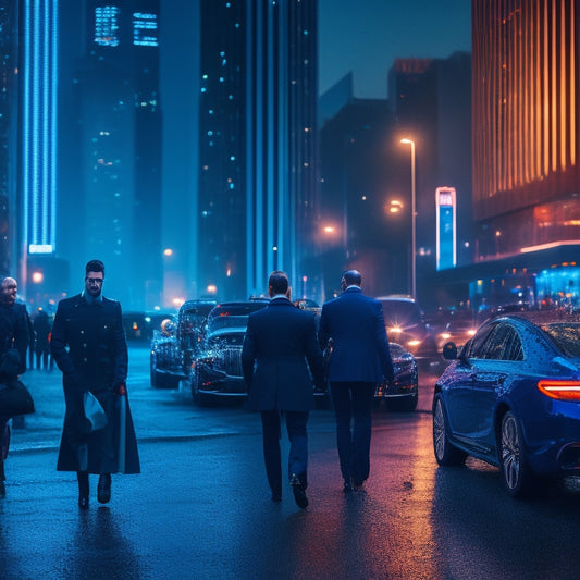 A vibrant, dark blue cityscape at dusk, with sleek skyscrapers and neon lights reflecting off wet pavement, surrounded by luxurious cars and elegantly dressed people entering a grand, illuminated gala venue.